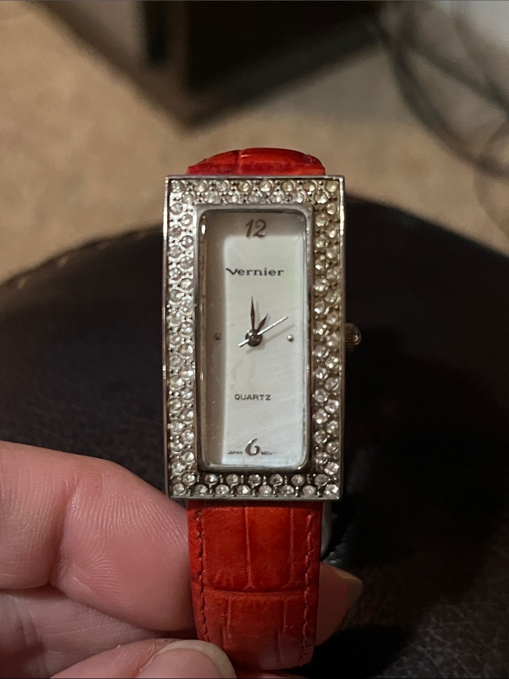 Vernier Quartz Watch Womens Red Leather Stainless Steel Metal Base Bezel Read
